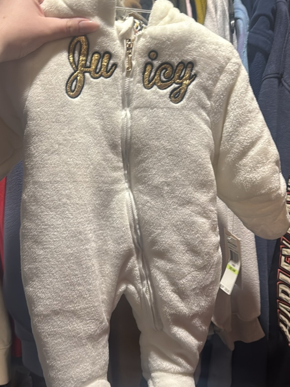 Juicy Couture Cream Plush Hooded Baby One-Piece with Gold Script